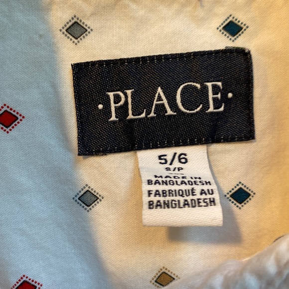 Boys size 5/6 white button down with colorful diamond pattern throughout. - Picture 3 of 5